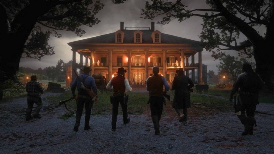 Gangue de Red Dead Redemption 2 atacando a mansão Braithwaite