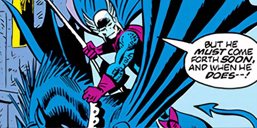 Dreadknight riding his winged horse while looking at someone in Marvel Comics