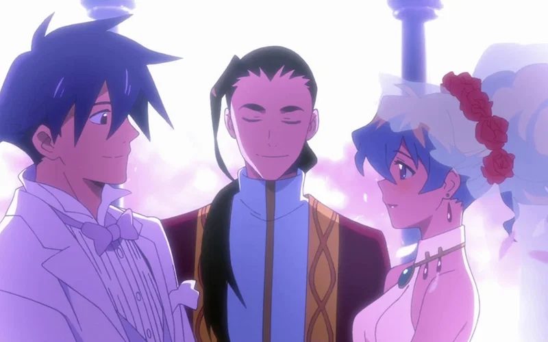 The image shows characters Simon and Nia at their wedding from the anime series Tengen Toppa Gurren Lagann. This scene is from the emotional climax and ending of the series where Simon and Nia finally get married.