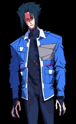 D, novo personagem de Cyberpunk Edgerunners 2, vestindo uma jaqueta azul