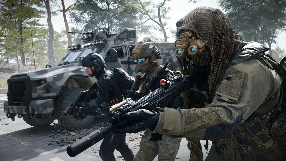 Three players ready their weapons next to a miliary truck in Call of Duty: Modern Warfare 4's DMZ mode