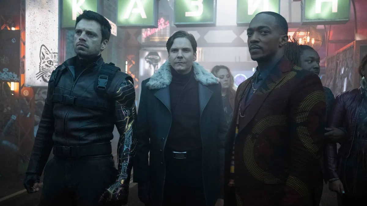 Bucky Barnes (Sebastian Stan), Sam Wilson (Anthony Mackie) and Baron Zemo (Daniel Bruhl) in The Falcon and The Winter Soldier