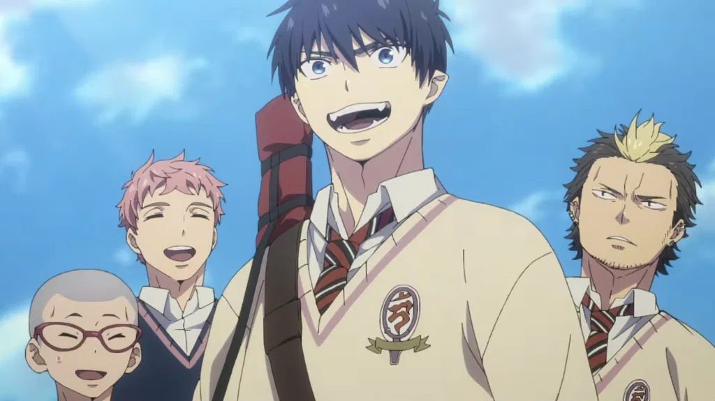 The image shows Rin Okumura and his classmates (including Renzo Shima, Ryuji Suguro, and Konekomaru Miwa) from the anime series Blue Exorcist: Shimane Illuminati Saga.