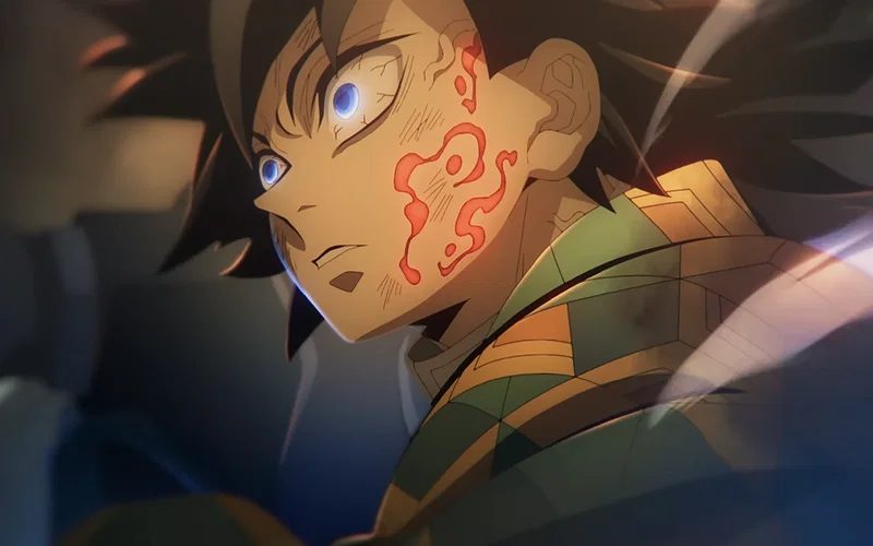 The image shows the Water Hashira Giyu Tomioka from Demon Slayer: Kimetsu no Yaiba awakening his red, water-splash Demon Slayer Mark on his cheek.