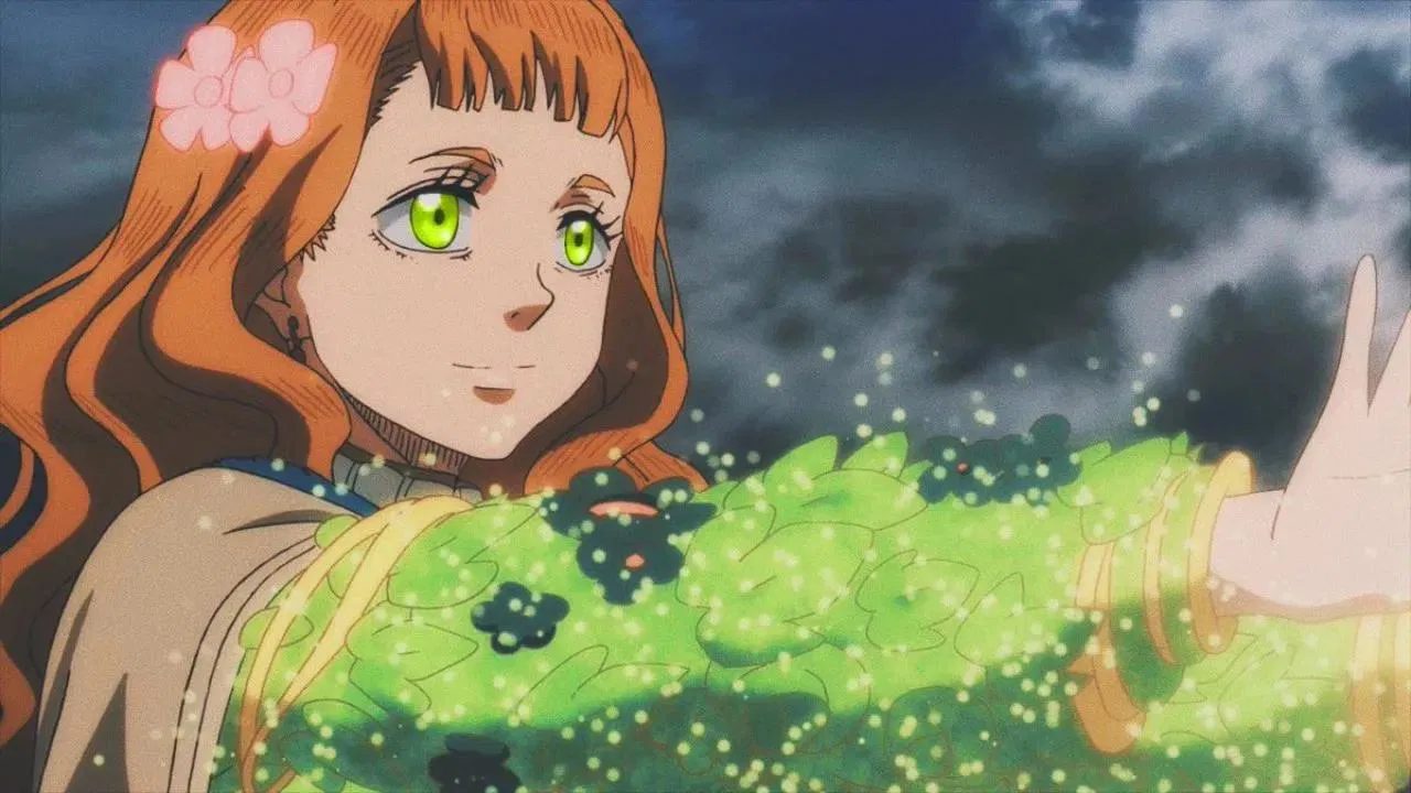 Mimosa Vermillion from the anime series Black Clover, using her plant-based magic while serving as a magic knight in the Golden Dawn squad
