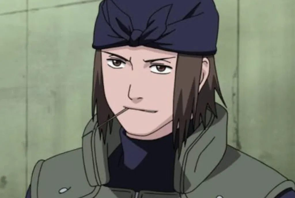 The image shows Genma Shiranui from the anime and manga series Naruto.  A tokubetsu jōnin (special jōnīn) of Konohagakure who frequently serves as a proctor for the Chūnin Exams and an elite bodyguard for the Hokage.  He famously keeps a senbon (metal needle) or toothpick-like stick in his mouth, which he can spit out with lethal force or use to deflect attacks.