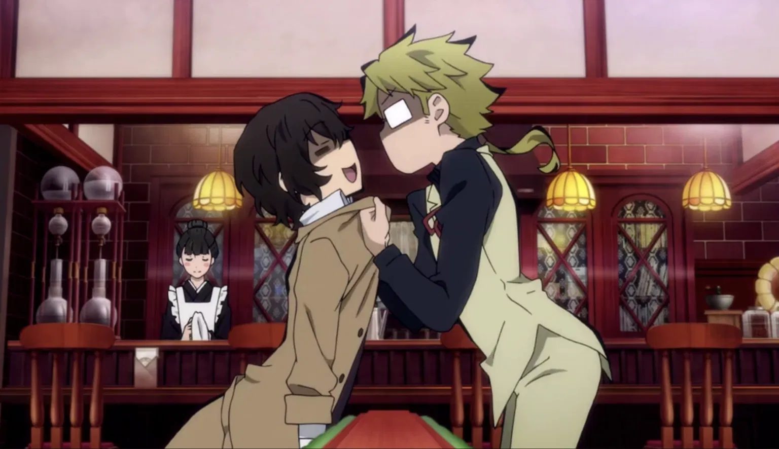 The image shows Doppo Kunikida grabbing Osamu Dazai by the collar in a comedic argument inside a café from the anime Bungo Stray Dogs.