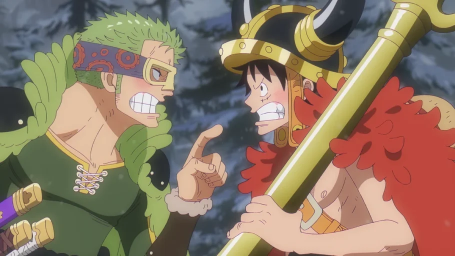 Luffy e Zoro conversando no submundo de Elbaf