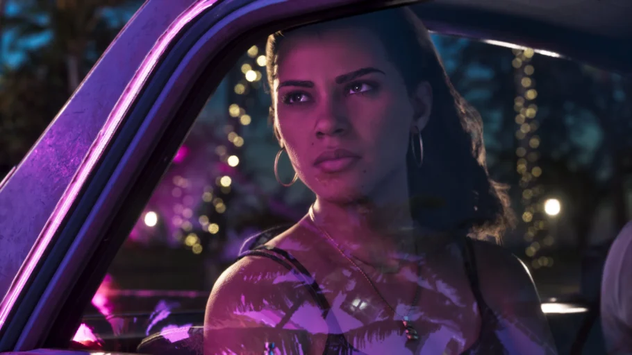 Lucia Caminos em cena com iluminação neon