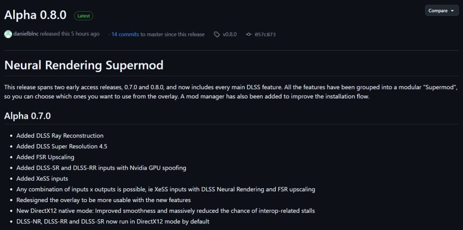 Página da versão Alpha 0.8.0 do Neural Rendering Supermod no GitHub
