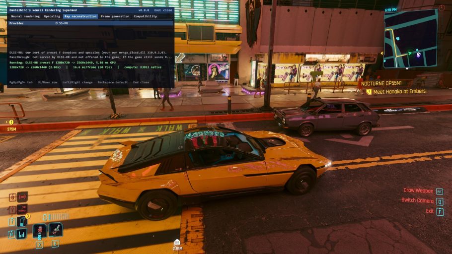 Carro amarelo em Cyberpunk 2077 com a interface do Neural Rendering Supermod