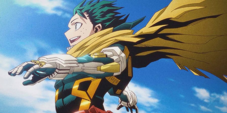 Izuku Midoriya usando sua armadura avançada