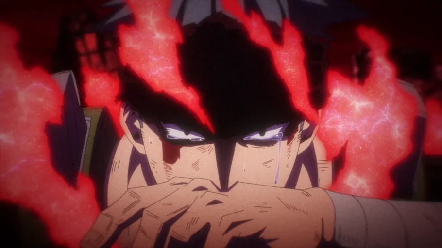 Bruce, o terceiro usuário de One For All, cercado pela energia vermelha de Fa Jin