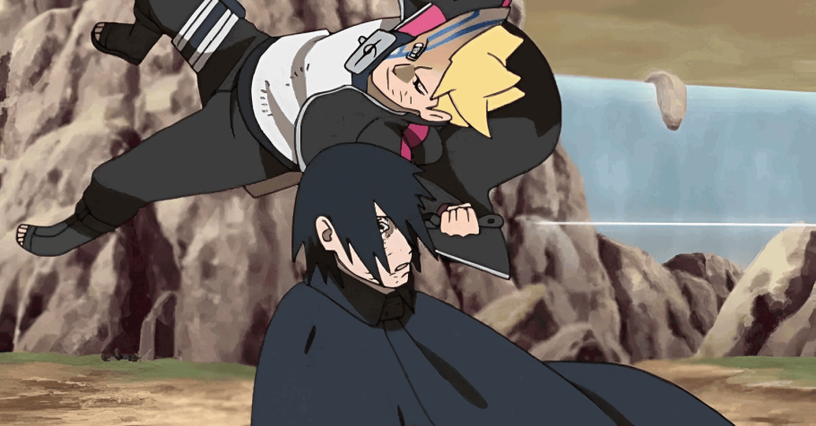 Sasuke sendo atacado por Boruto possuído por Momoshiki