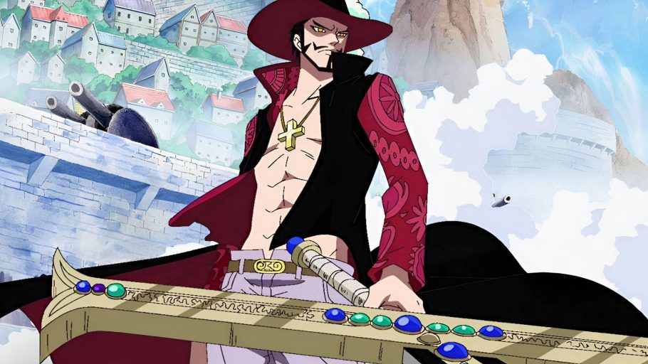 Dracule Mihawk com sua espada negra Yoru