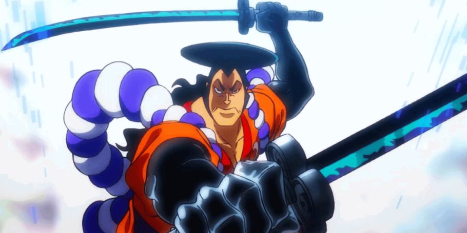 Kozuki Oden segurando Enma e Ame no Habakiri em One Piece