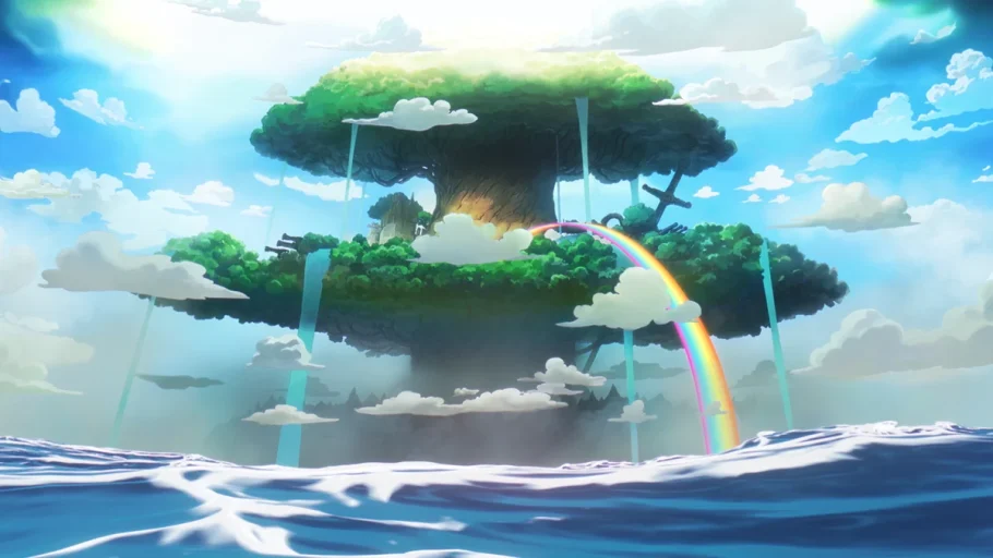 Vista de Elbaf com a árvore Adam, cachoeiras e um arco-íris