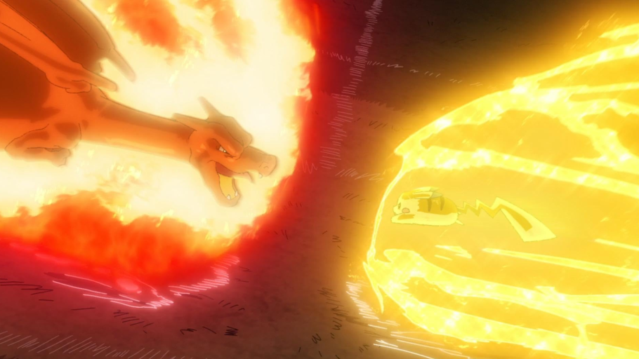 Pikachu de Ash contra Charizard de Leon