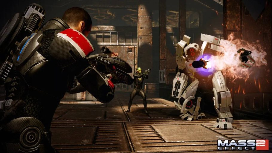 Shepard dispara contra um inimigo em Mass Effect 2