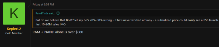 Comentário de KeplerL2 sobre o custo de memória e armazenamento do PS6