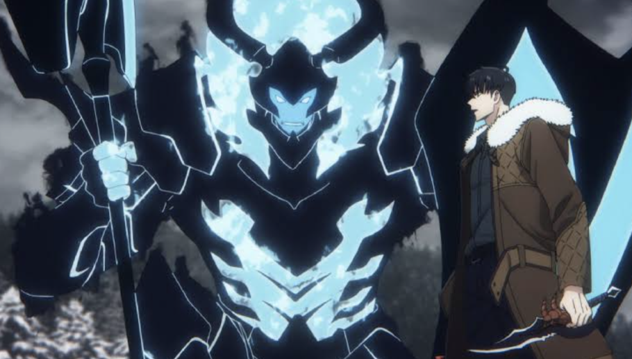 Sung Jinwoo ao lado do Shadow Iron em Solo Leveling