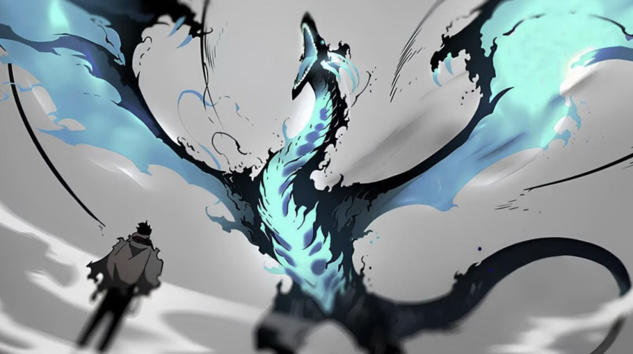 Kaisel, a wyvern Shadow, ao lado de Sung Jinwoo