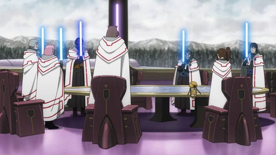 Nova Ordem Jedi erguendo sabres de luz ao redor de uma mesa