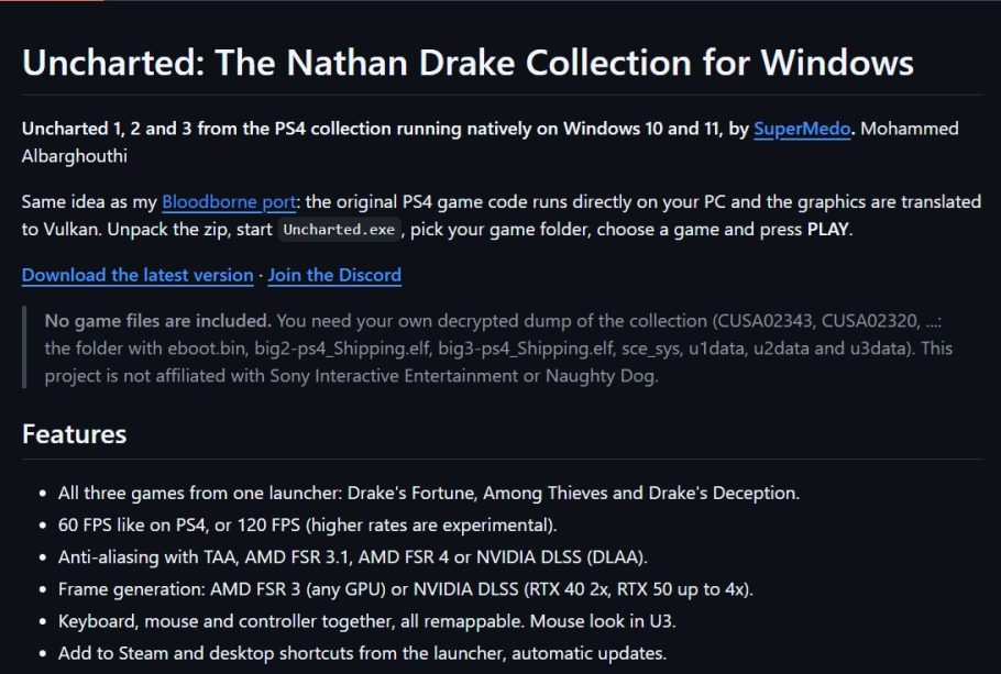 Página do projeto de Uncharted: The Nathan Drake Collection para Windows